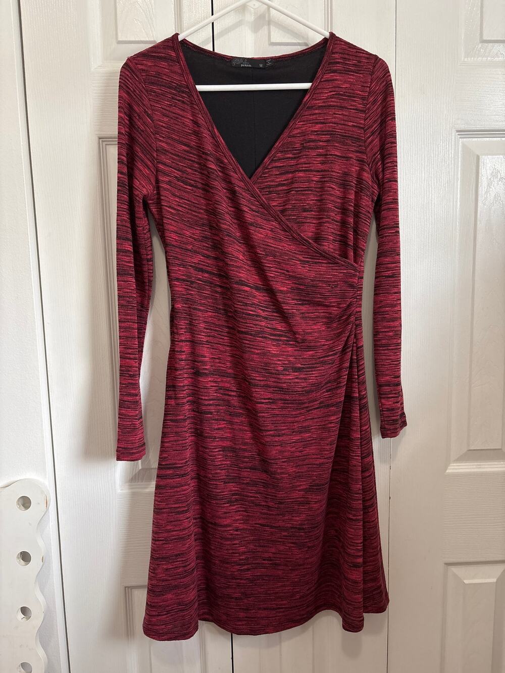 Prana Red & Black Space Dye Faux Wrap Long Sleeve Dress Size Medium